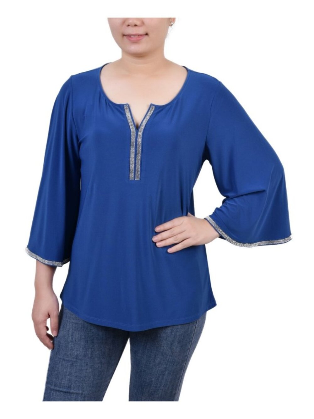 NY Collection Womens Petites Embellished Bell Sleeves Blouse Blue Size PM NWT
